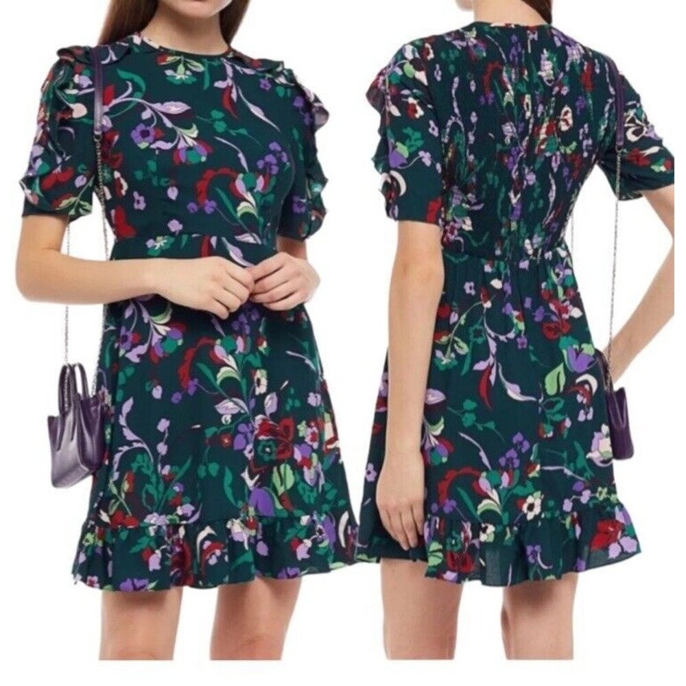 Kate Spade Fleur Nouveau Mini Dress Smocked Ruffle Green Women Size 4 Brunch